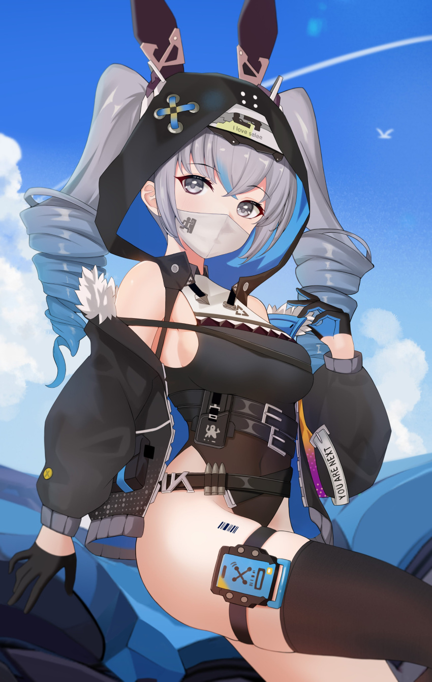absurdres, animal_ears, armpits, bare_shoulders, belt, black_jacket, breasts, bronya_zaychik_(haxxor_bunny)