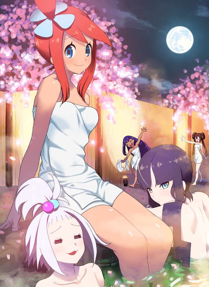 black_hair, brown_hair, cherry_blossoms, elesa_(pokemon), highres, iris_(pokemon), looking_at_viewer, moon