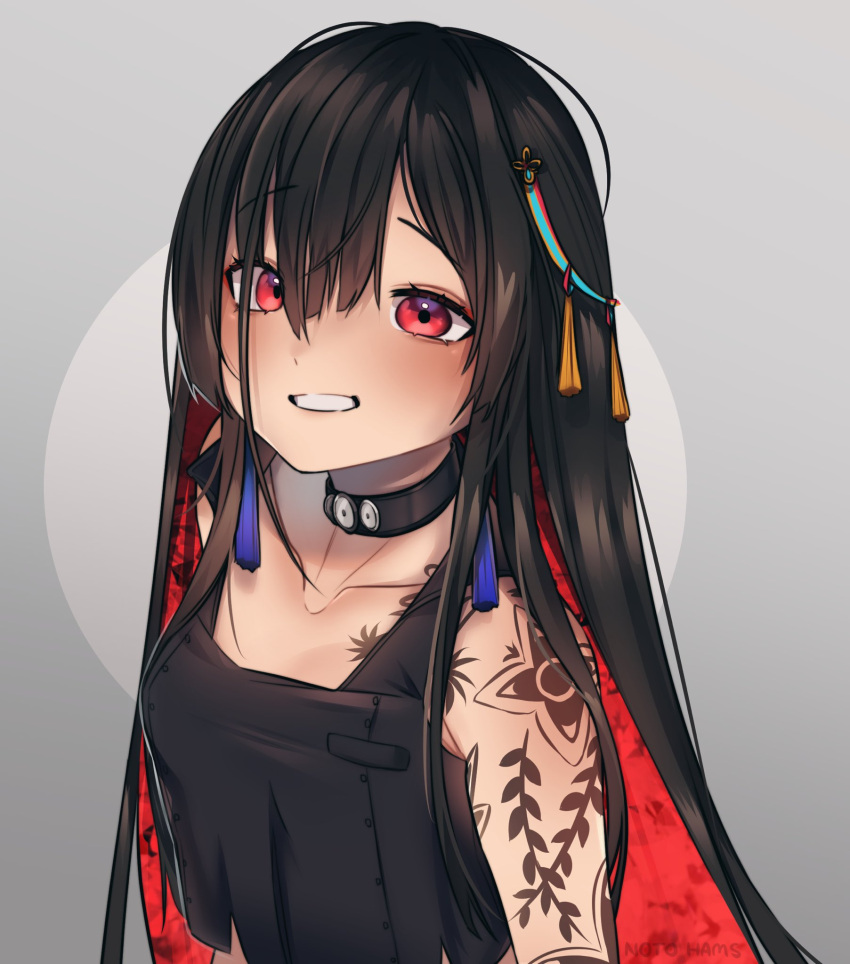 1girl, arm_tattoo, bangs, black_choker, black_hair, blush, choker, collarbone