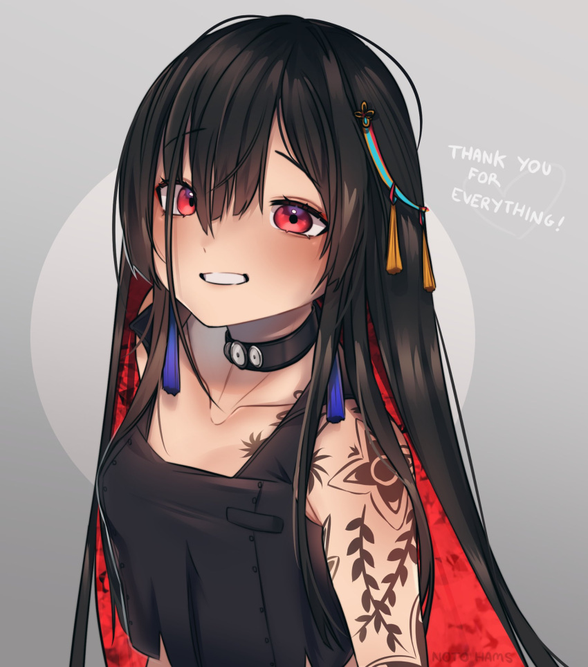 1girl, arm_tattoo, bangs, black_choker, black_hair, blush, choker, collarbone