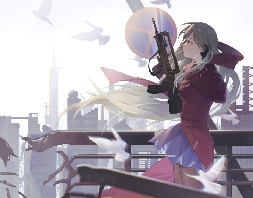 1girl, absurdres, assault_rifle, bird, black_gloves, black_legwear, blue_eyes, blue_skirt