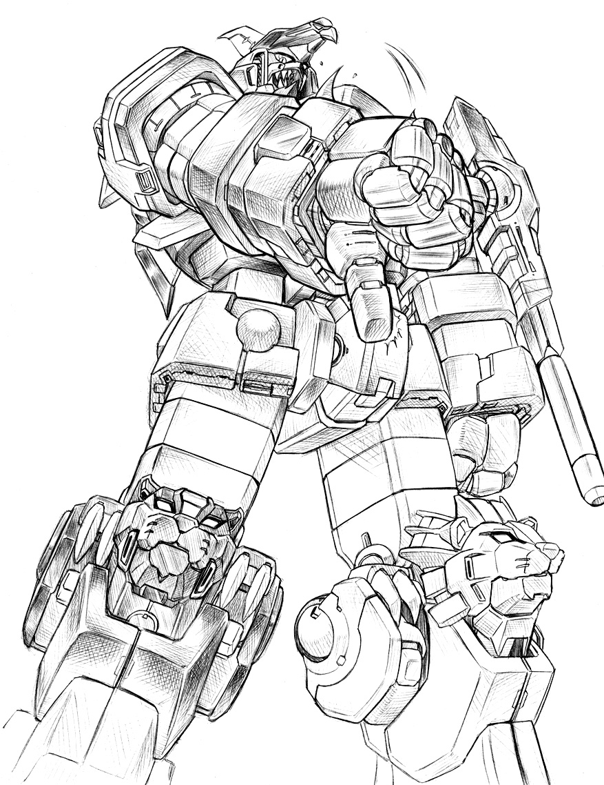 arm_cannon, choujuu_kishin_dancouga_burn, clenched_hand, dancouga_(choujuu_kishin_dancouga_burn), greyscale, looking_at_viewer, looking_down, mecha, monochrome, moukin_punch, no_humans, science_fiction, solo, thumbs_down, weapon, white_background