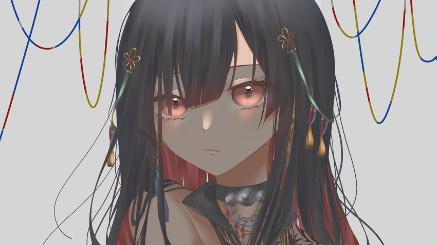 1girl, arm_tattoo, bangs, black_hair, collarbone, colored_inner_hair, english_commentary, expressionless