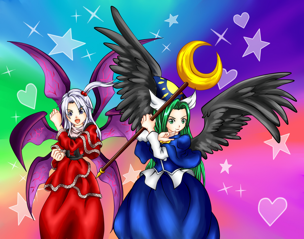 alest_lusia, blue_eyes, capelet, clenched_hands, crescent, crescent_moon, fist, green_eyes, green_hair, hair_bobbles, hair_ornament, hat, heart, mima, multiple_girls, multiple_wings, shinki, silver_hair, staff, star, touhou, wings, wizard_hat