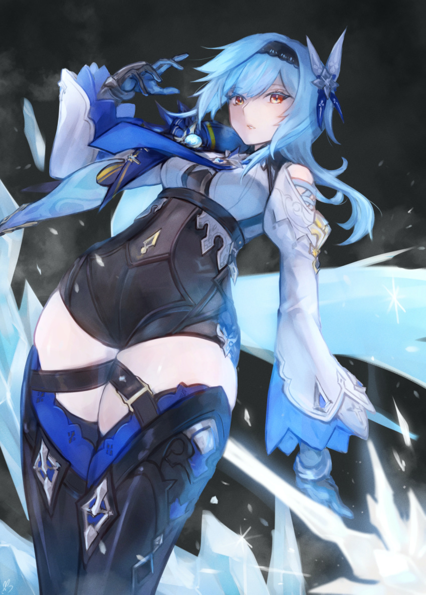 1girl, black_legwear, blue_hair, bodystocking, breasts, eula_(genshin_impact), genshin_impact, gloves, hairband, highres, ice, leotard, long_sleeves, looking_at_viewer, parted_lips, petcha_the_o, solo, wide_sleeves