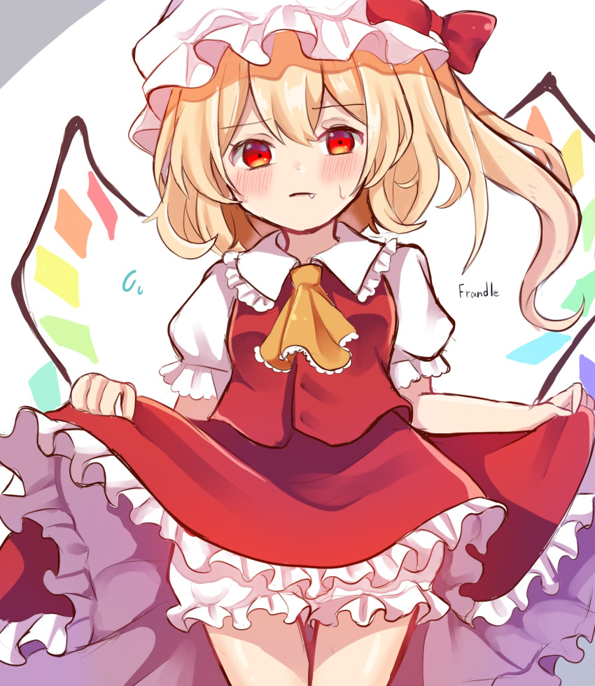 1girl, ascot, blonde_hair, bloomers, blurry, blush, bow, breasts, character_name, closed_mouth, commentary_request, cowboy_shot, crystal, depth_of_field, dorowa_(drawerslove), eyebrows_visible_through_hair, fang, flandre_scarlet, frilled_shirt_collar, frills, hat, hat_bow, highres, lifted_by_self, mob_cap, one_side_up, puffy_short_sleeves, puffy_sleeves, red_bow, red_skirt, red_vest, short_hair, short_sleeves, simple_background, skirt, small_breasts, solo, standing, sweat, touhou, underwear, vest, white_background, white_headwear, wings, yellow_neckwear