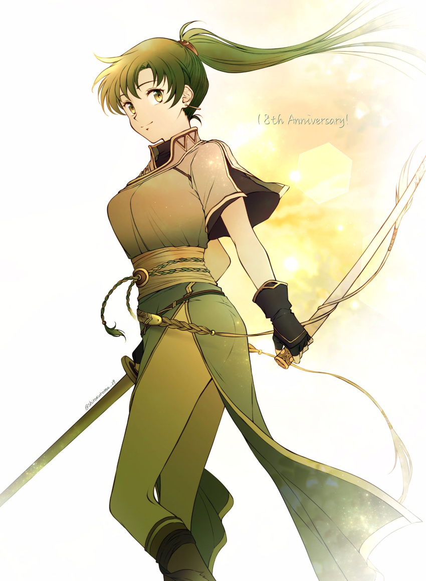 1girl, anniversary, artist_name, bangs, boots, breasts, closed_mouth, commentary_request, dress, earrings, fingerless_gloves, fire_emblem, fire_emblem:_the_blazing_blade, gloves, hair_ornament, high_ponytail, highres, holding, holding_sword, holding_weapon, jewelry, long_hair, looking_at_viewer, lyn_(fire_emblem), medium_breasts, ponytail, sheath, shirokuroma_29, short_sleeves, signature, simple_background, smile, solo, sword, thighs, weapon