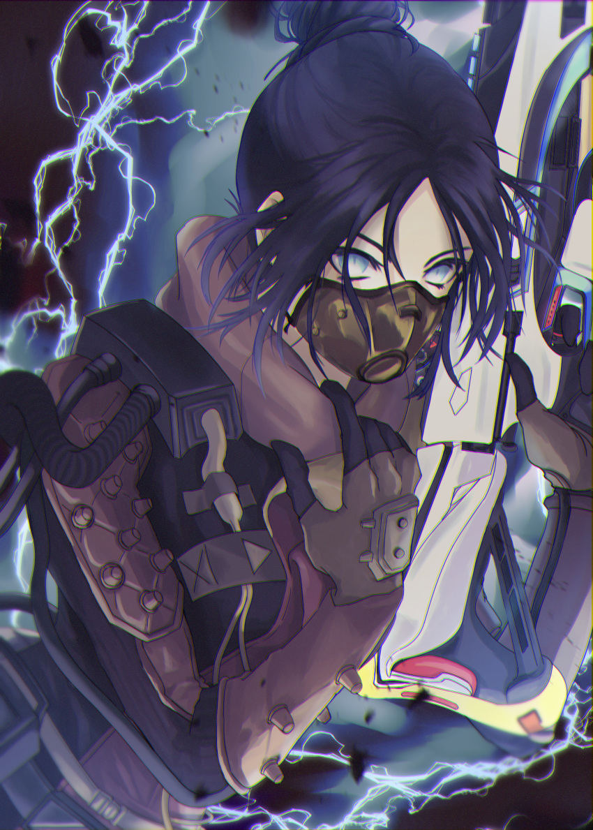 1girl, absurdres, apex_legends, bangs, black_hair, bodysuit, cable, electricity