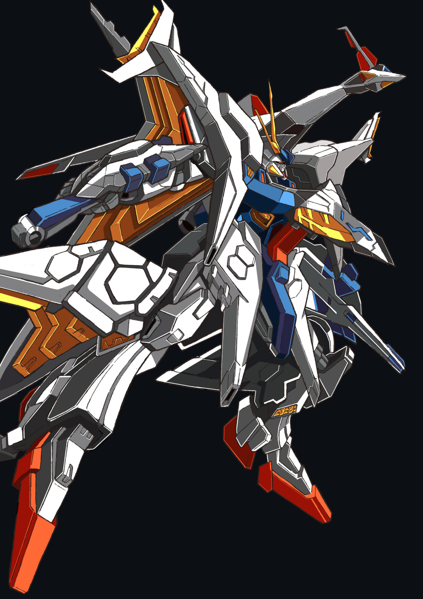 absurdres, black_background, gundam, gundam_hathaway's_flash, highres, holding, holding_weapon, looking_up