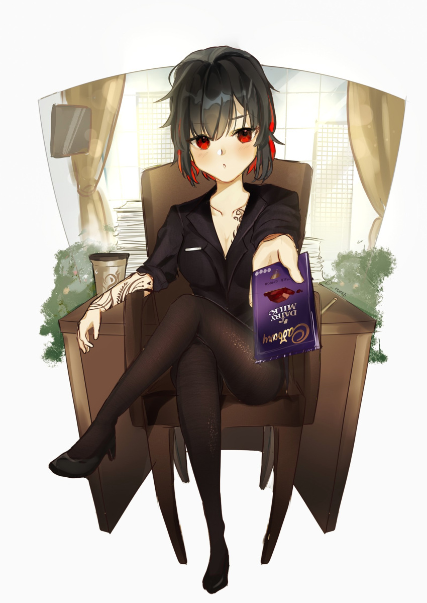 1girl, alternate_costume, alternate_hair_length, alternate_hairstyle, bangs, black_footwear, black_shirt, breasts, chest_tattoo, chocolate, collarbone, collared_shirt, commission, crossed_legs, english_commentary, food, high_heels, highres, holding, holding_chocolate, holding_food, leggings, medium_breasts, multicolored_hair, nene_(_renefi), nijisanji, nijisanji_in, noor_(nijisanji), red_eyes, second-party_source, shirt, sitting, solo, streaked_hair, tattoo