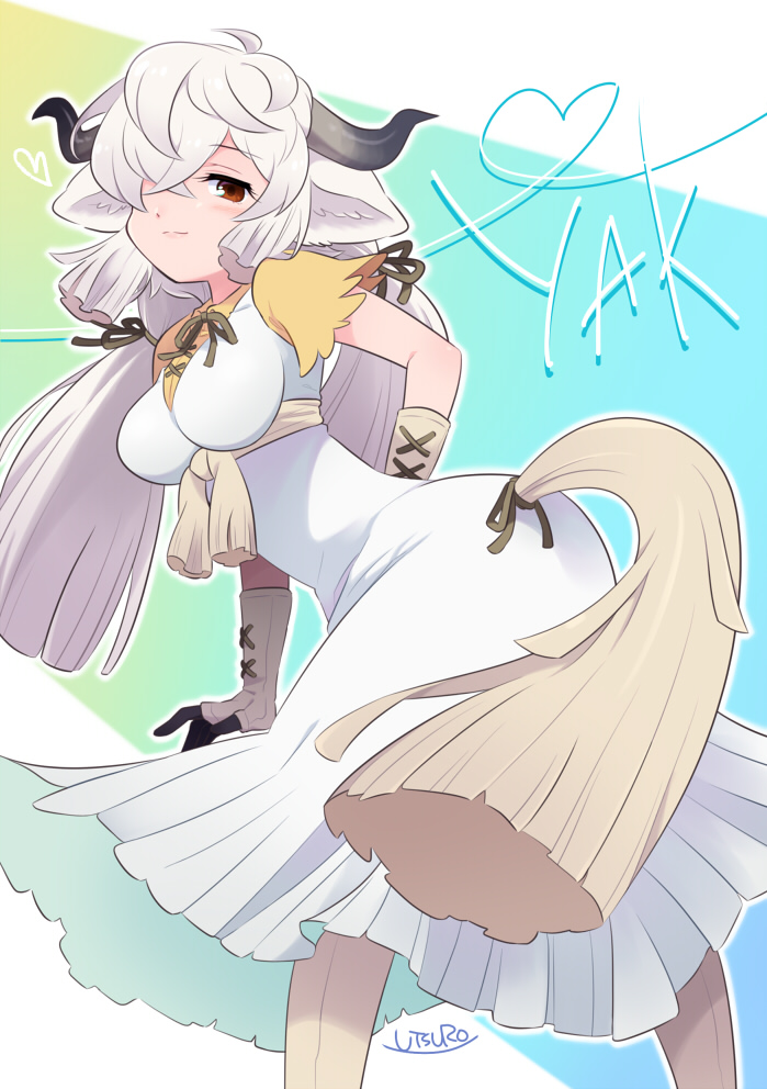 1girl, bow, bowtie, brown_neckwear, commentary_request, cowboy_shot, dress, eyebrows_visible_through_hair, gloves, hair_over_one_eye, kemono_friends, kemono_friends_3, long_dress, long_hair, ox_ears, ox_girl, ox_horns, ox_tail, pleated_dress, red_eyes, shirt, short_sleeves, solo, tail, tail_through_clothes, twintails, utsuro_atomo, white_dress, white_gloves, white_hair, yak_(kemono_friends), yellow_shirt