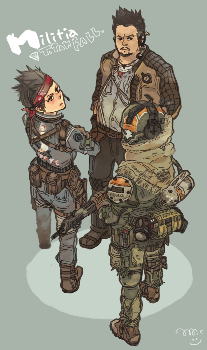 1girl, 2boys, assault_rifle, beard, beige_scarf, black_eyes, blush, bodysuit, brown_jacket, cheng_lorck, commentary_request, copyright_name, facial_hair, gun, hands_in_pockets, head_tilt, headband, holding, holding_gun, holding_weapon, jacket, looking_up, multiple_boys, mustache, nose, r-101c_carbine, red_headband, rifle, sarah_briggs, short_hair, tajima_(minagawa), titanfall, titanfall_(series), weapon, wilson_(titanfall)