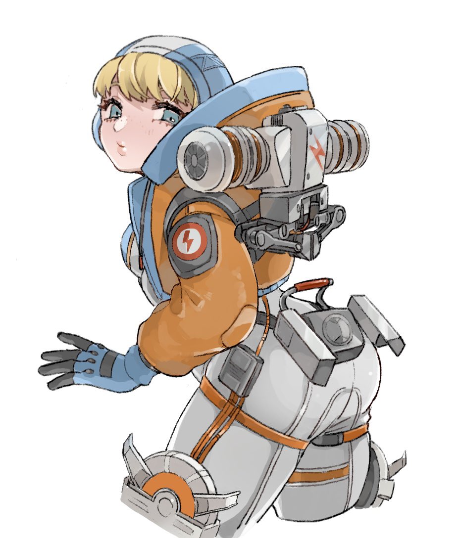 apex_legends, ass, backpack, bag, bangs, blue_eyes, blue_gloves, blue_headwear, bodysuit, cropped_legs, from_behind, gloves, hood, hooded_jacket, jacket, leaning_forward, looking_at_viewer, looking_back, open_hand, orange_jacket, puckered_lips, shimijimi, wattson_(apex_legends), white_background, white_bodysuit