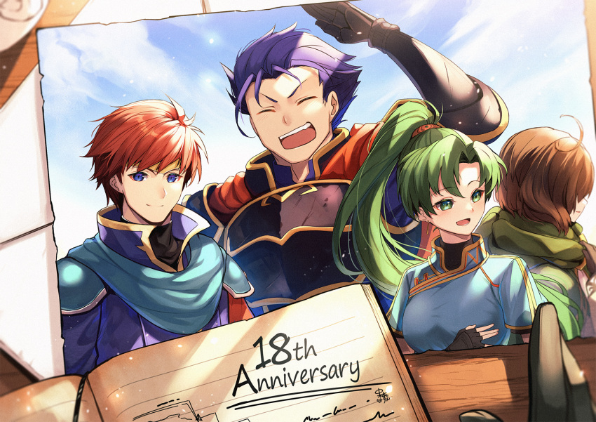 1girl, 3boys, ahoge, anniversary, arm_up, armor, bangs, blue_eyes