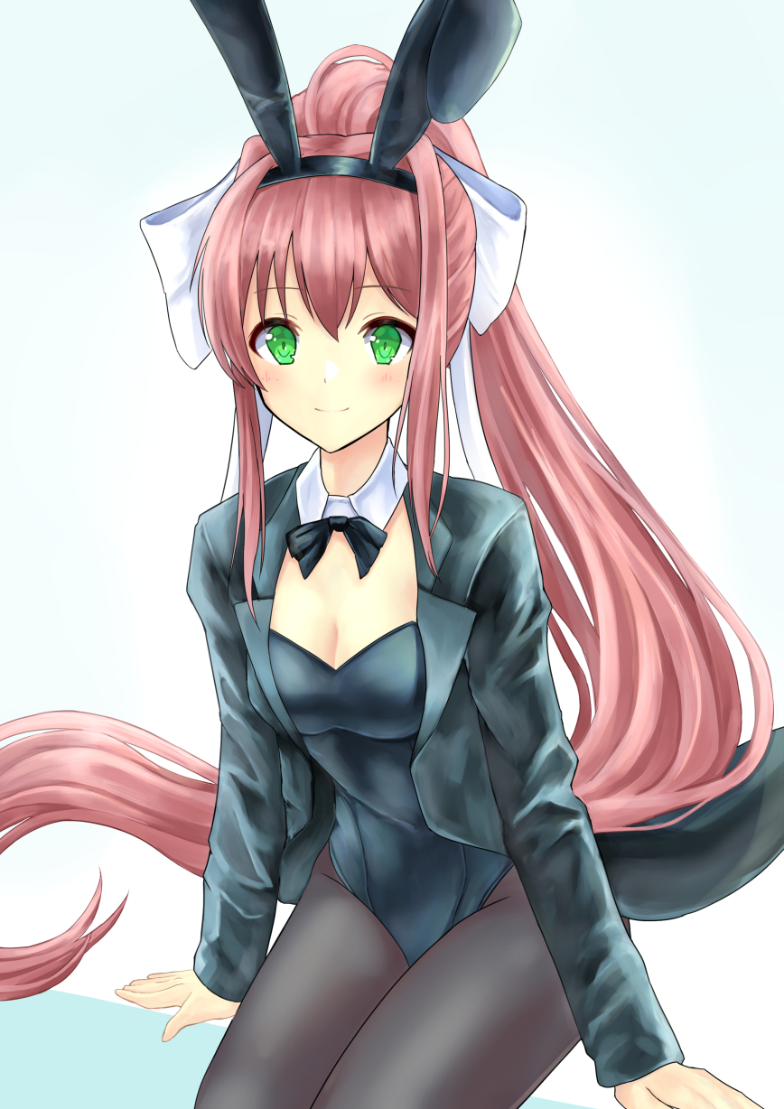 1girl, animal_ears, black_jacket, black_legwear, black_leotard, black_neckwear, bow, bowtie, brown_hair, cowboy_shot, detached_collar, doki_doki_literature_club, el_(el406), green_eyes, highres, jacket, leotard, long_hair, monika_(doki_doki_literature_club), pantyhose, playboy_bunny, ponytail, rabbit_ears, simple_background, sitting, solo, suit_jacket, white_background