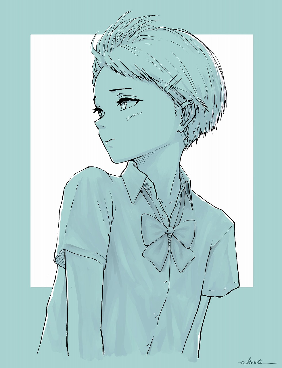 1girl, artist_name, bow, bowtie, hair_ornament, hairclip, highres, monochrome
