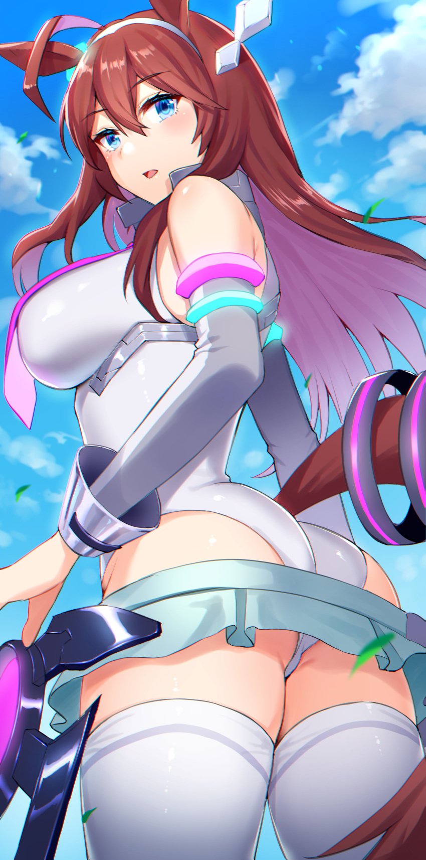 1girl, absurdres, ahoge, amearare, animal_ears, ass, bangs, bare_shoulders, blue_eyes, blue_sky, blush, breasts, brown_hair, clouds, day, eyebrows_visible_through_hair, gloves, hair_between_eyes, hairband, highleg, highres, horse_ears, horse_girl, horse_tail, large_breasts, leotard, long_hair, looking_at_viewer, mihono_bourbon_(umamusume), necktie, open_mouth, skirt, sky, solo, tail, thigh-highs, umamusume, white_legwear, white_leotard