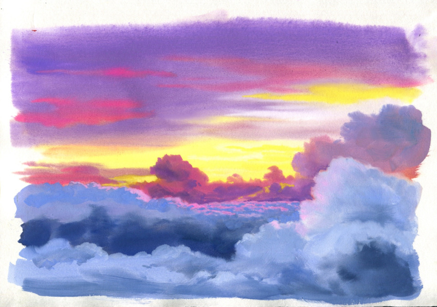 above_clouds, border, cloud_focus, clouds, highres, no_humans, original, purple_sky, sawitou_mizuki, scenery, sunset, traditional_media, white_border