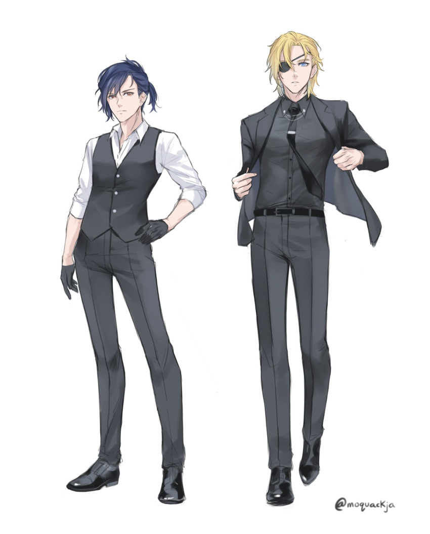 2boys, belt, black_footwear, black_jacket, black_neckwear, black_pants, black_shirt, black_vest, blonde_hair, blue_hair, dimitri_alexandre_blaiddyd, eyepatch, felix_hugo_fraldarius, fire_emblem, fire_emblem:_three_houses, formal, full_body, gloves, half_gloves, highres, jacket, moja_(moquackja), multiple_boys, necktie, pants, shirt, short_hair, simple_background, standing, suit, vest, white_background, white_shirt