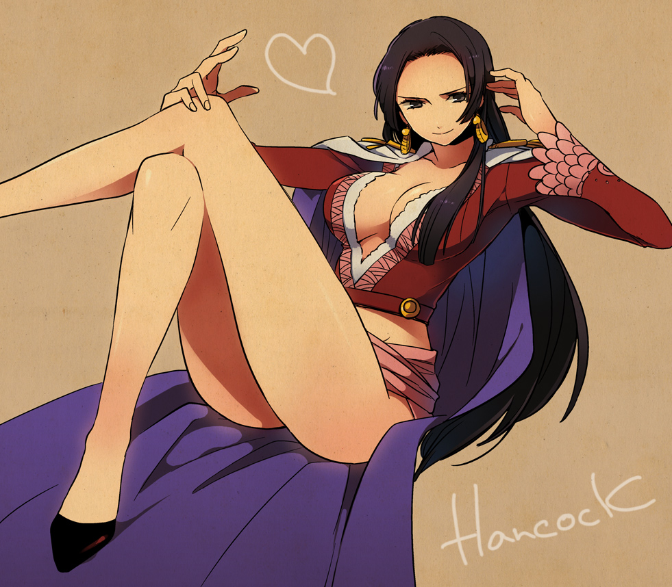 artist_request, bare_legs, black_eyes, black_hair, boa_hancock, breasts, brown_background, cape