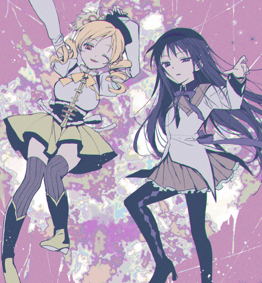 akemi_homura, azuki_(aduki), beret, black_skirt, blonde_hair, corset, dress, drill_hair