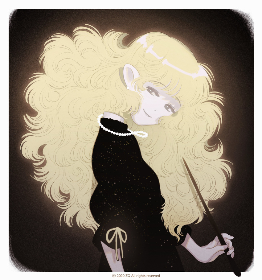 1girl, absurdres, big_hair, black_background, blonde_hair, disembodied_head, earrings, glowing
