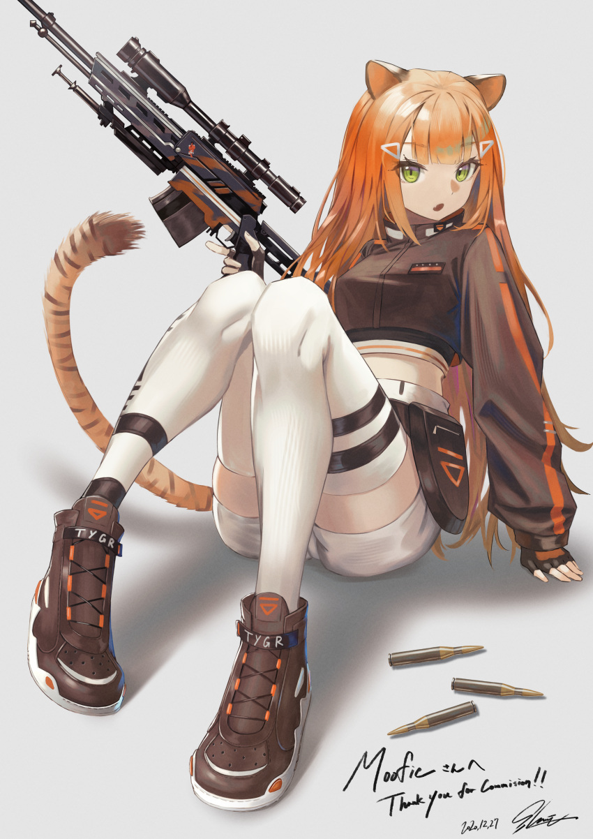 1girl, absurdres, animal_ears, ankle_boots, bangs, bipod, black_jacket, blunt_bangs, boots, breasts, bullet, character_name, commission, cropped_jacket, dated, eyebrows_visible_through_hair, fang, fingerless_gloves, gloves, green_eyes, gun, hair_ornament, hairclip, highres, huge_filesize, indie_virtual_youtuber, ioriwu8, jacket, long_hair, looking_at_viewer, moofie_(vtuber), navel, open_mouth, orange_hair, rifle, scope, shoes, shorts, sitting, solo, tail, thigh-highs, tiger_ears, tiger_girl, tiger_tail, triangle_hair_ornament, trigger_discipline, very_long_hair, virtual_youtuber, weapon, white_shorts