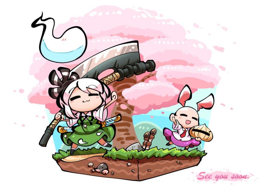 2girls, animal_ears, bald, bow, buttons, chibi, dark_souls_iii, dress