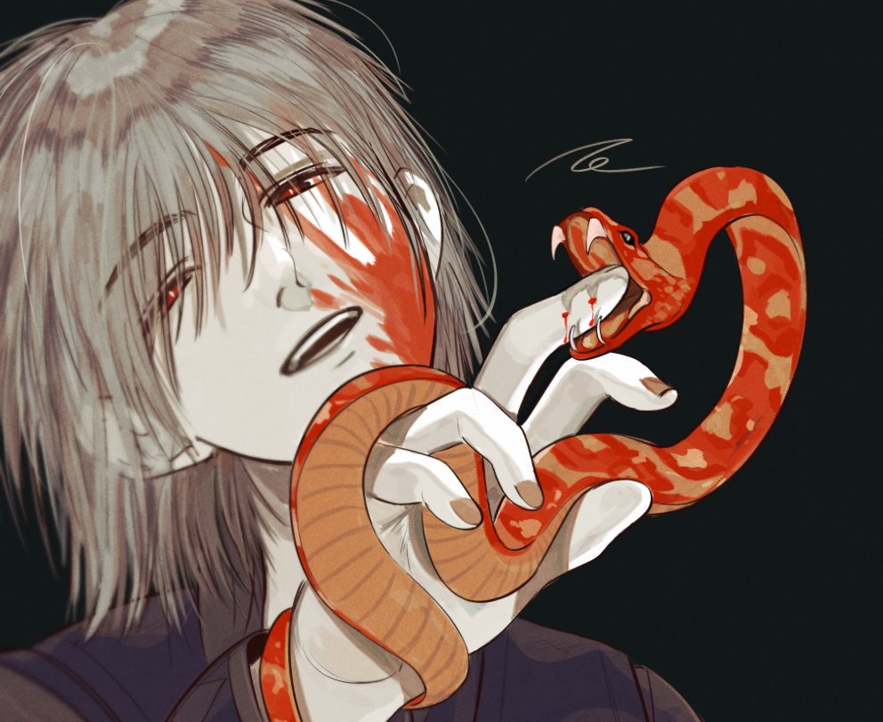 1girl, bangs, bite_mark, black_background, black_shirt, blood, blood_splatter, brown_hair