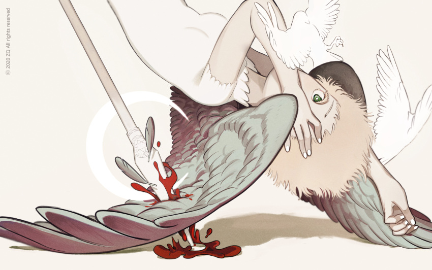 1girl, absurdres, bird, blonde_hair, blood, covering_face, feathered_wings, green_eyes