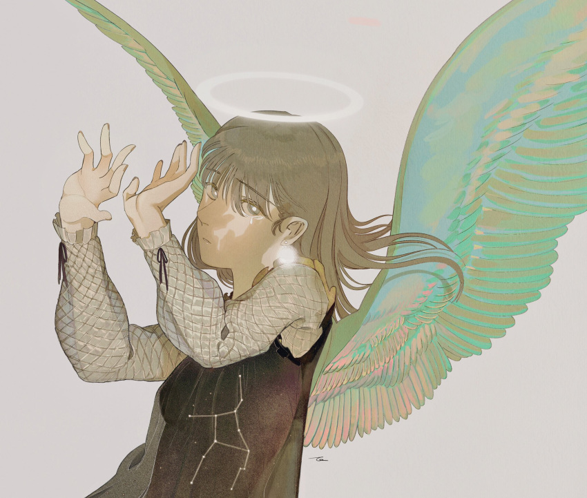 1girl, angel_wings, bright_pupils, brown_eyes, brown_hair, constellation, earrings, eyebrows_visible_through_hair