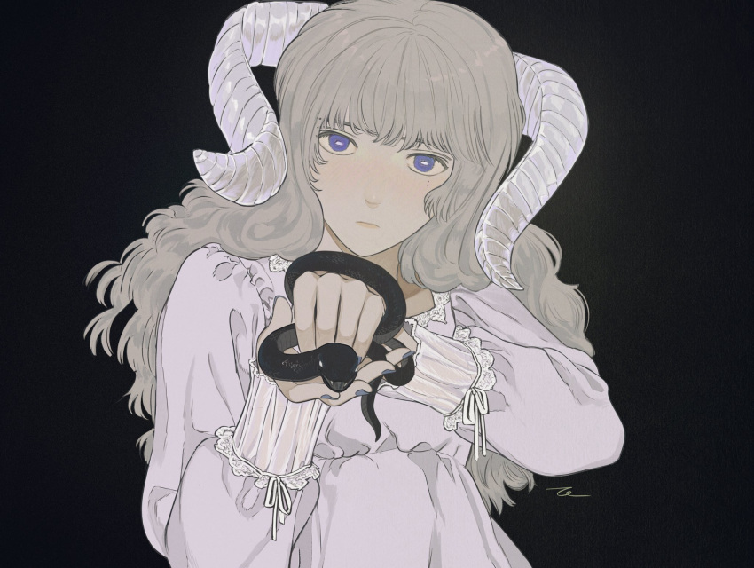 1girl, bangs, black_background, blue_eyes, blush, dress, grey_hair, highres
