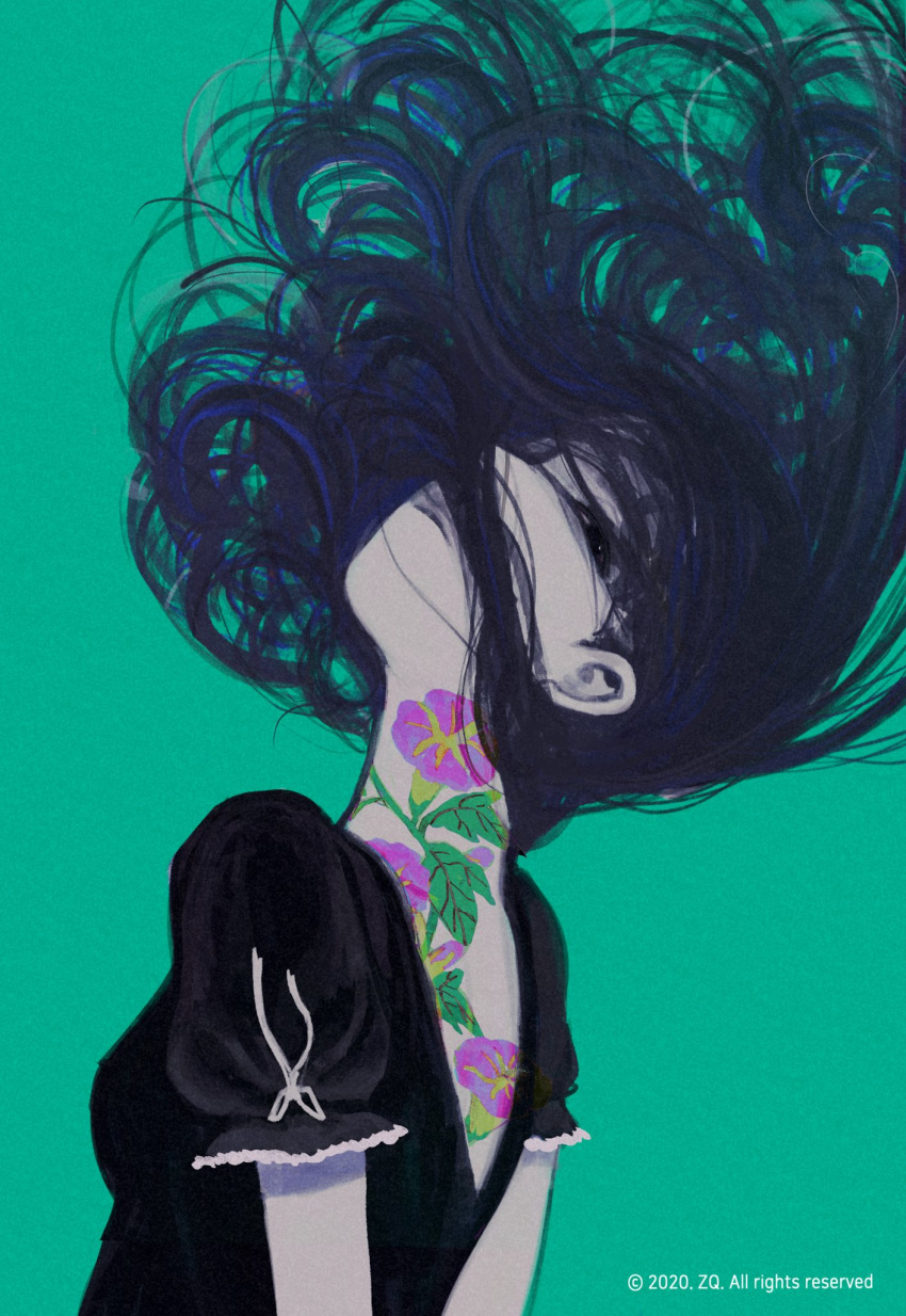 1girl, aqua_background, black_hair, black_shirt, english_text, floating_hair, flower_tattoo, highres, original, shirt, short_sleeves, simple_background, solo, tattoo, toktin_zq, upper_body