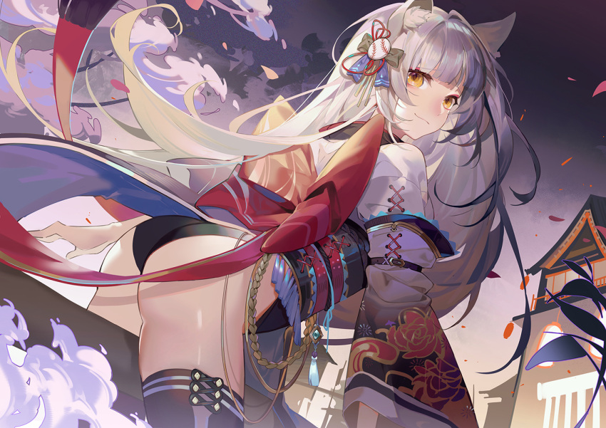 1girl, animal_ears, architecture, ass, bangs, baseball_hair_ornament, black_legwear, black_panties, blunt_bangs, bow, east_asian_architecture, floral_print, grey_sky, hair_bow, leaning_forward, long_hair, looking_at_viewer, looking_back, machi_(7769), original, outdoors, panties, petals, silver_hair, solo, thigh-highs, underwear, wolf_ears, yellow_eyes