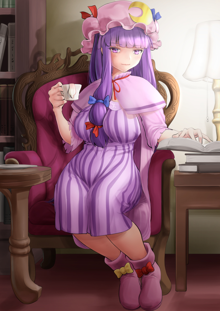 1girl, bangs, blue_bow, blue_ribbon, blunt_bangs, book, book_stack, bookshelf