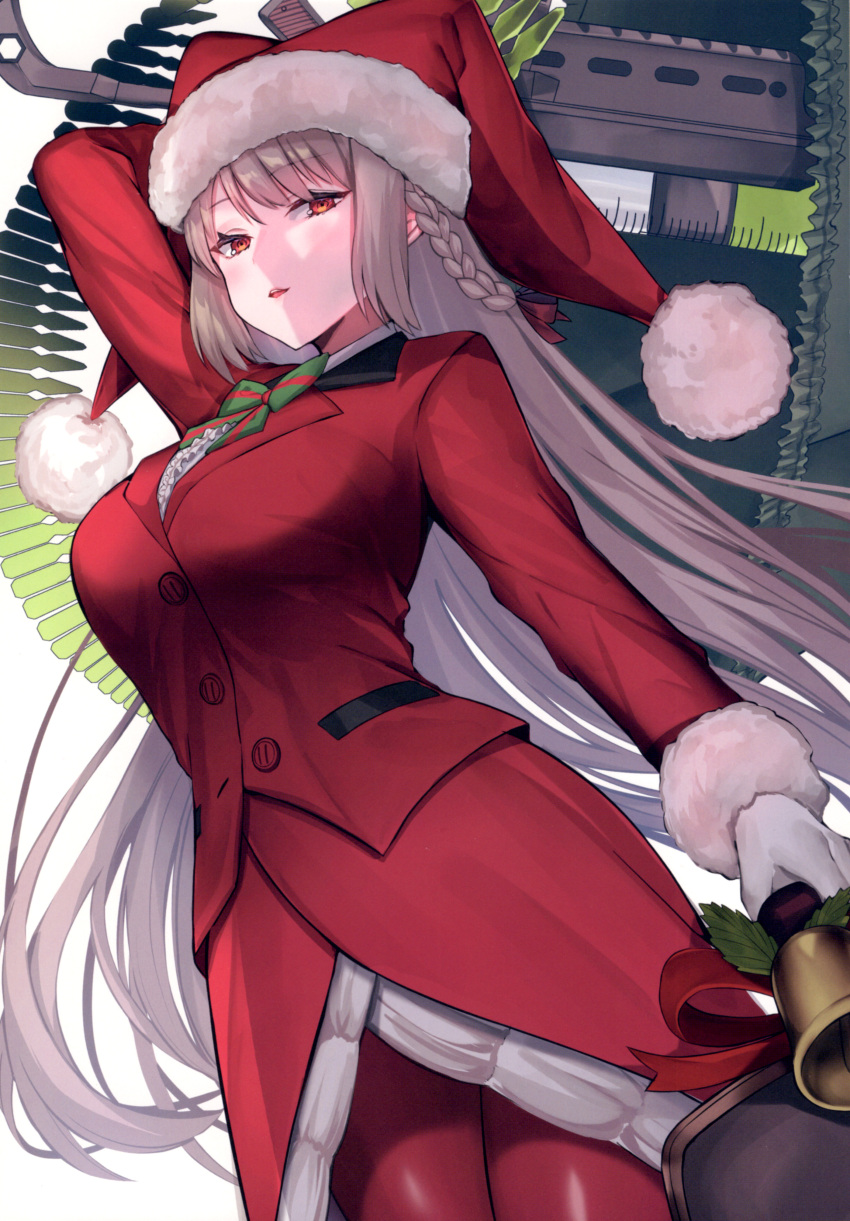 1girl, absurdres, adjusting_clothes, adjusting_headwear, bow, braid, breasts, buttons, christmas, closed_mouth, dress, eyebrows_visible_through_hair, fate/grand_order, fate_(series), florence_nightingale_(fate), florence_nightingale_(santa)_(fate), gloves, green_bow, grey_hair, hair_between_eyes, hat, highres, long_hair, looking_at_viewer, medium_breasts, multicolored_bow, pantyhose, red_bow, red_dress, red_eyes, santa_costume, santa_hat, shirt, simple_background, smile, solo, suzuho_hotaru, very_long_hair, white_gloves, white_shirt
