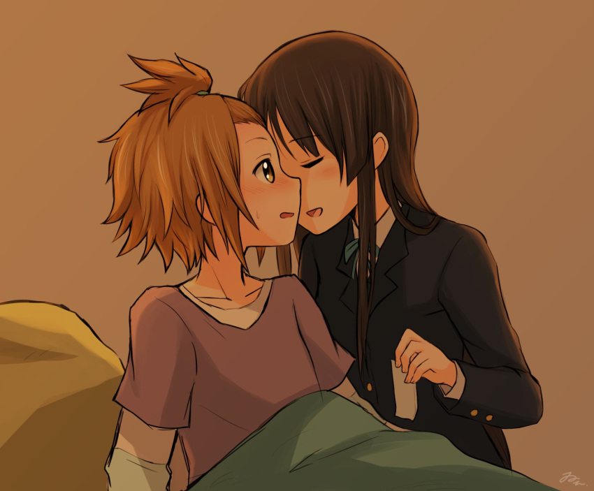 2girls, akiyama_mio, blush, brown_hair, closed_eyes, een941, highres, k-on!