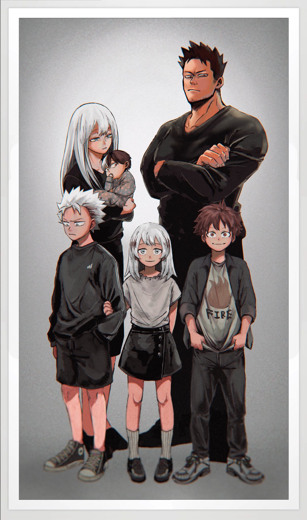 2girls, 4boys, baby, blue_eyes, blurry, boku_no_hero_academia, carrying, child, child_carry, crossed_arms, facial_hair, family, hand_in_pocket, heterochromia, highres, holding_another's_arm, long_hair, looking_at_viewer, looking_away, medium_hair, multicolored_hair, multiple_boys, multiple_girls, pepepecoooooo, photo_(object), red_eyes, redhead, short_hair, siblings, spiky_hair, standing, stubble, todoroki_enji, todoroki_fuyumi, todoroki_natsuo, todoroki_rei, todoroki_shouto, todoroki_touya, two-tone_hair, vignetting, what_if, white_hair, younger