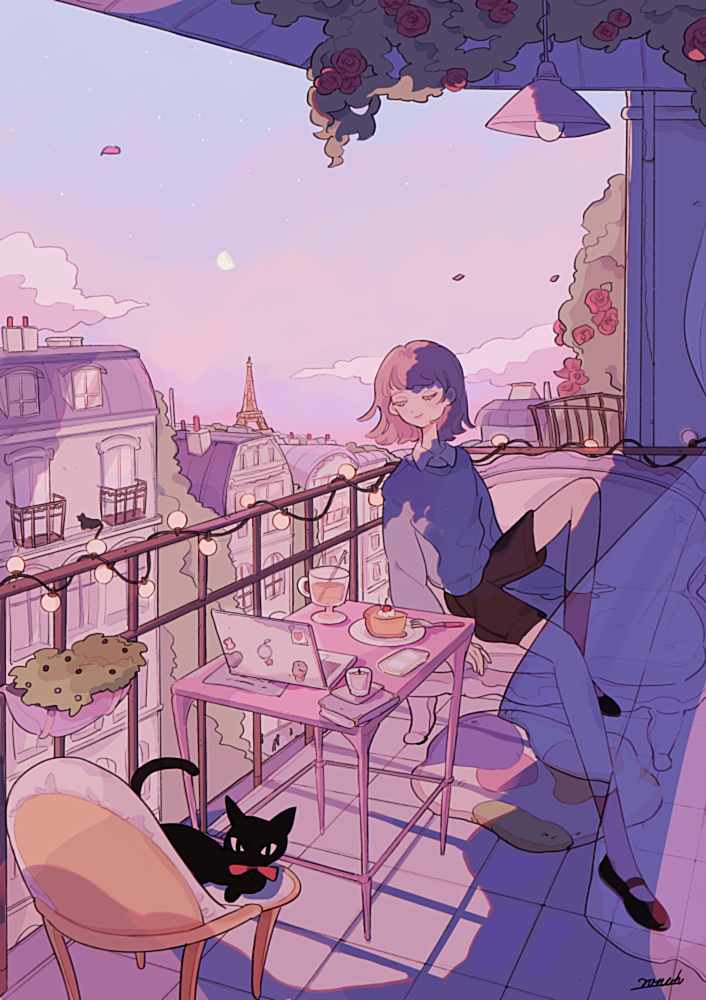 1girl, artist_name, balcony, black_cat, brown_hair, building, cat, chair, closed_eyes, computer, cup, dessert, flower, food, fork, laptop, light, long_legs, original, plate, railing, ronoh_(jill), shadow, shirt, sitting, solo, table