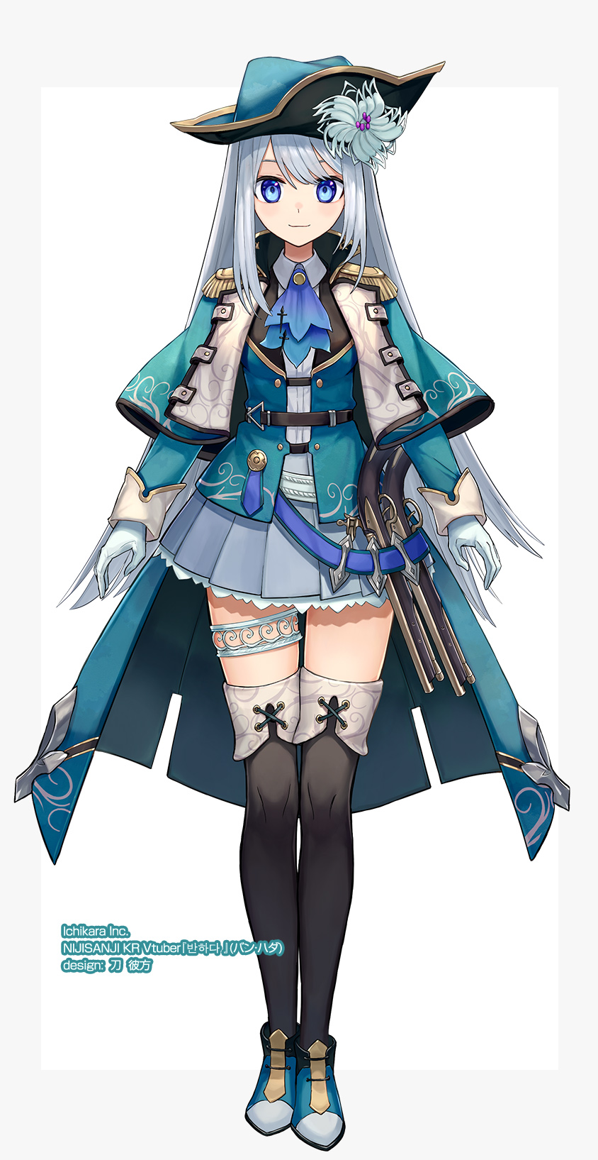 1girl, antique_firearm, artist_name, ban_hada, bangs, belt, black_legwear, blue_eyes, blue_footwear, blue_headwear, blue_neckwear, canata_katana, character_name, epaulettes, firearm, firelock, flintlock, flower, full_body, gloves, gun, hat, hat_flower, highres, long_hair, looking_at_viewer, nijisanji, nijisanji_kr, official_art, silver_hair, simple_background, skirt, solo, standing, tachi-e, thigh-highs, thigh_strap, virtual_youtuber, weapon, white_gloves