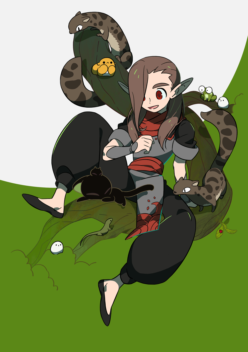 1boy, animal, bidiu_(the_legend_of_luoxiaohei), black_footwear, black_pants, branch, brown_hair, frog