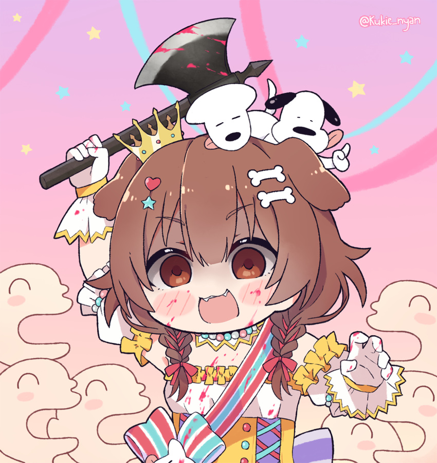 1girl, :3, :d, animal_ears, axe, bangs, battle_axe, blood, blood_on_face, bloody_clothes, bloody_hands, bloody_weapon, blush_stickers, bone_hair_ornament, braid, brown_eyes, brown_hair, chibi, commentary, creature, detached_sleeves, dog, dog_ears, dog_girl, dress, empty_eyes, english_commentary, fan, fangs, futo-inu, gloves, hair_between_eyes, hair_ornament, hairclip, heart, heart_hair_ornament, highres, holding, holding_axe, holding_weapon, hololive, hoso-inu, inugami_korone, kukie-nyan, listener_(inugami_korone), long_hair, low_twin_braids, official_alternate_costume, open_mouth, puffy_short_sleeves, puffy_sleeves, shaded_face, short_sleeves, smile, solo, twin_braids, twitter_username, underbust, upper_body, virtual_youtuber, weapon, white_dress, white_gloves, yandere
