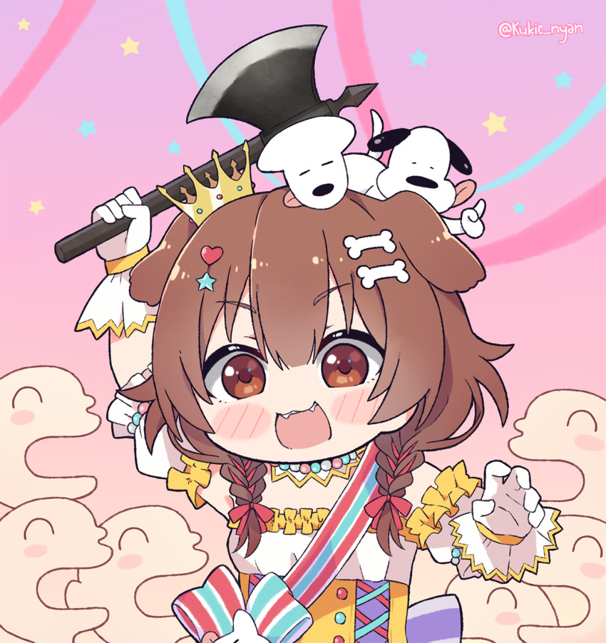 1girl, :3, :d, animal_ears, axe, bangs, battle_axe, blush_stickers, bone_hair_ornament, braid, brown_eyes, brown_hair, chibi, commentary, creature, detached_sleeves, dog, dog_ears, dog_girl, dress, english_commentary, fan, fangs, futo-inu, gloves, hair_between_eyes, hair_ornament, hairclip, heart, heart_hair_ornament, highres, holding, holding_axe, holding_weapon, hololive, hoso-inu, inugami_korone, kukie-nyan, listener_(inugami_korone), long_hair, low_twin_braids, official_alternate_costume, open_mouth, puffy_short_sleeves, puffy_sleeves, short_sleeves, smile, solo, twin_braids, twitter_username, underbust, upper_body, virtual_youtuber, weapon, white_dress, white_gloves