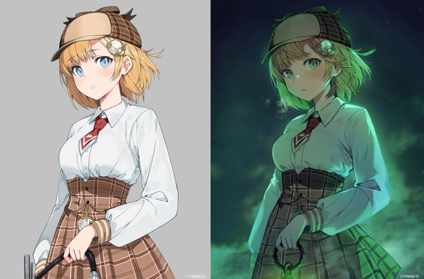 1girl, artist_name, artist_progress, bangs, before_and_after, blonde_hair, blue_eyes, blush