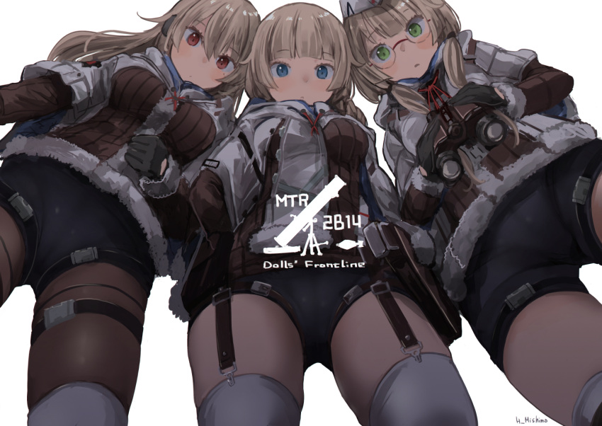 2b14_podnos_(girls_frontline), 3girls, bangs, binoculars, black_gloves, black_shorts, blue_eyes, breasts