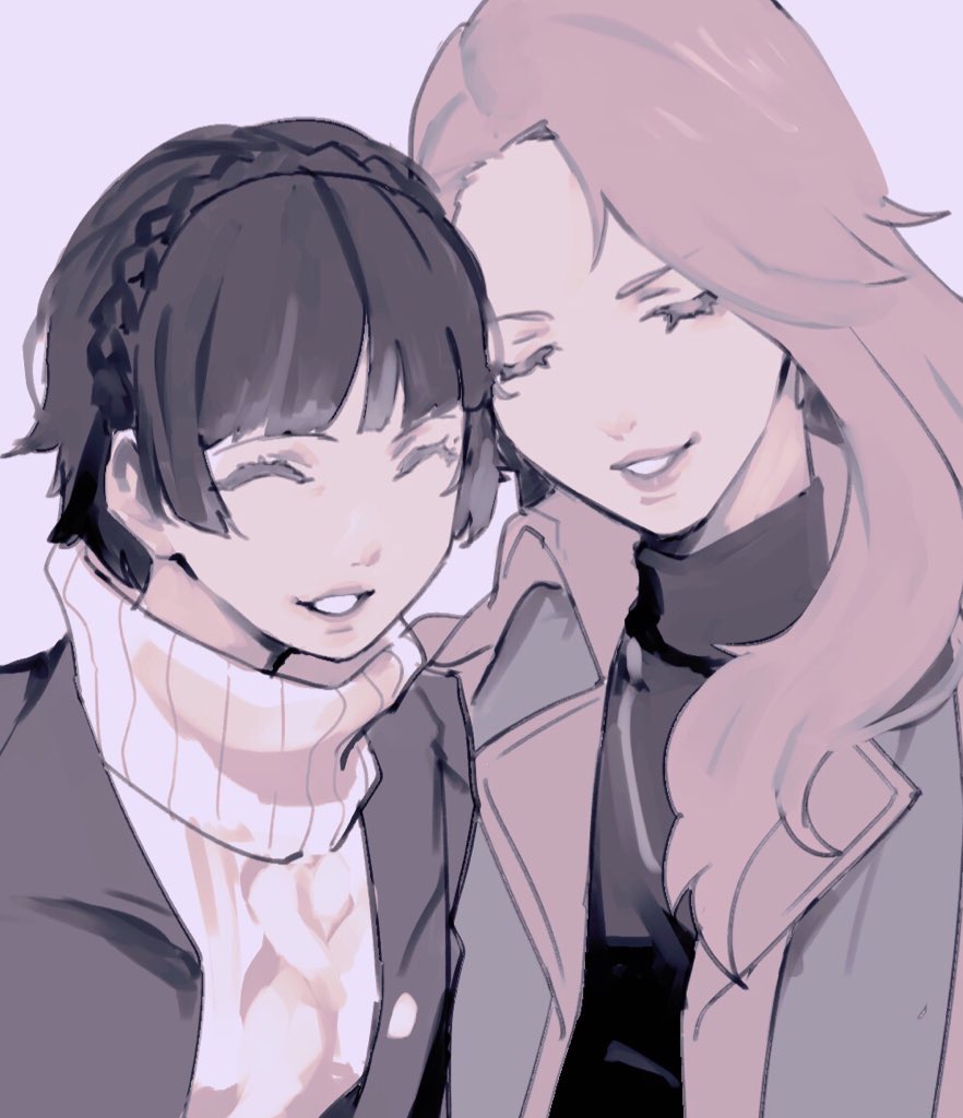 2girls, black_hair, braid, casual, closed_eyes, crown_braid, grin, hair_behind_ear