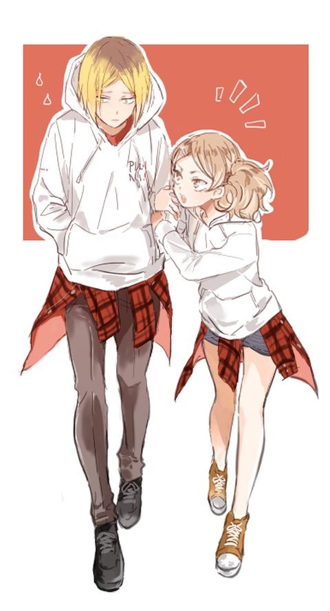1boy, 1girl, :o, alternate_costume, artist_request, bad_id, bad_pixiv_id, bare_legs, black_pants, blonde_hair, brown_hair, closed_mouth, clothes_around_waist, collarbone, embarrassed, full_body, haikyuu!!, hands_in_pocket, height_difference, holding_another's_arm, hood, hood_down, hoodie, kozume_kenma, long_hair, long_sleeves, looking_at_another, multicolored_hair, pants, plaid, plaid_shirt, shirt, shoes, short_hair, short_shorts, shorts, sneakers, twintails, two-tone_background, two-tone_hair, walking, white_hoodie, yamamoto_akane