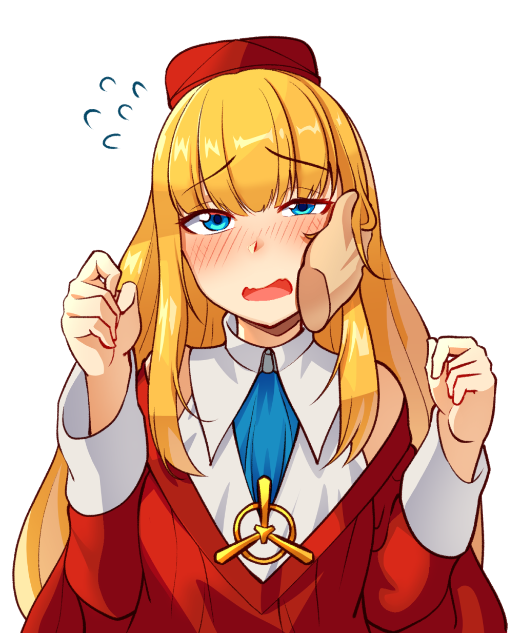 1girl, ajidot, bangs, biretta, blonde_hair, blue_eyes, blunt_bangs, blush