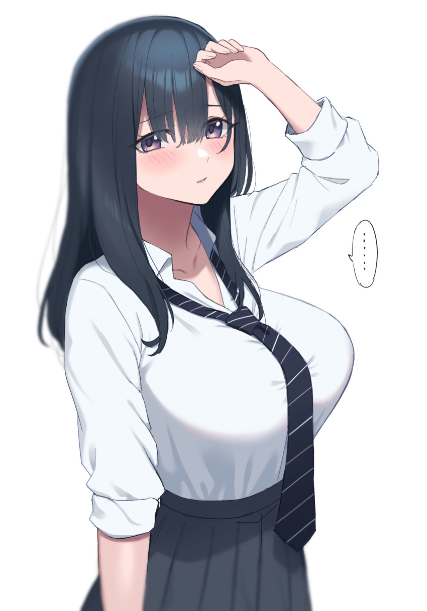 ..., 0-toki, 1girl, bangs, black_hair, black_neckwear, black_skirt, blush
