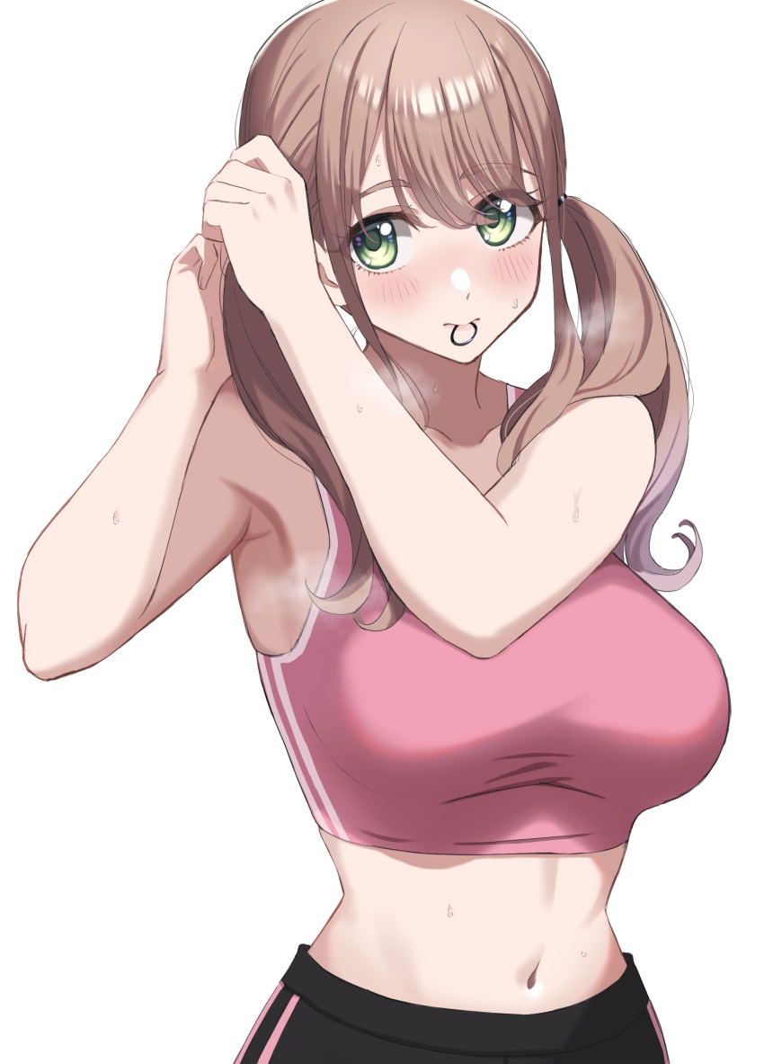 0-toki, 1girl, absurdres, armpits, bangs, black_shorts, blush, bra